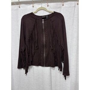 Brown Faux Suede Fringe Zip Front Western Jacket Small Boho Line Dane Country